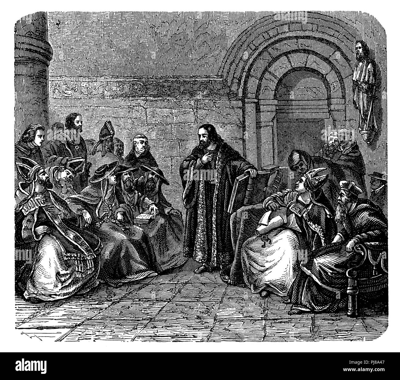 Jan Hus, Johannes Hus devant ses juges. De Lessing, 1887 Banque D'Images