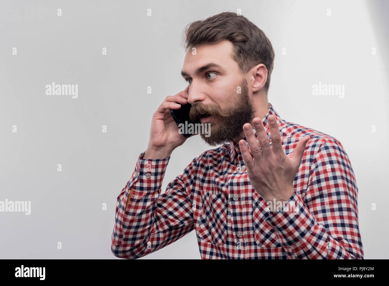 Gypaète barbu brun en colère tout en ayant une conversation téléphonique Banque D'Images