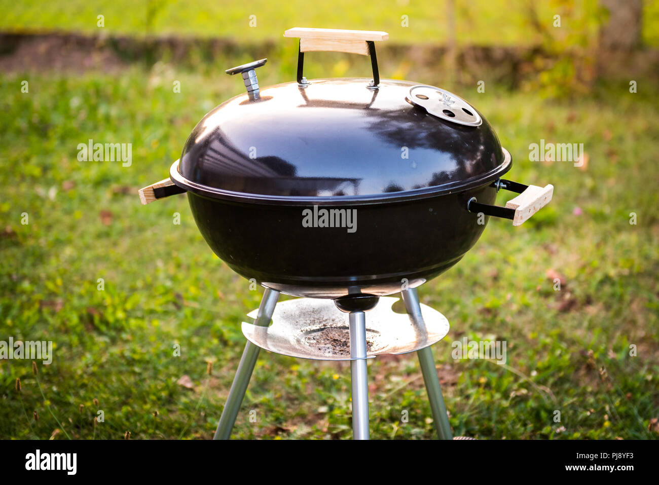 Barbecue électrique Barbecue dans le jardin ou la cour. Vue latérale du grill électrique noir avec couverture en avant ou arrière-cour accueil et pelouse verte. Portabl Banque D'Images