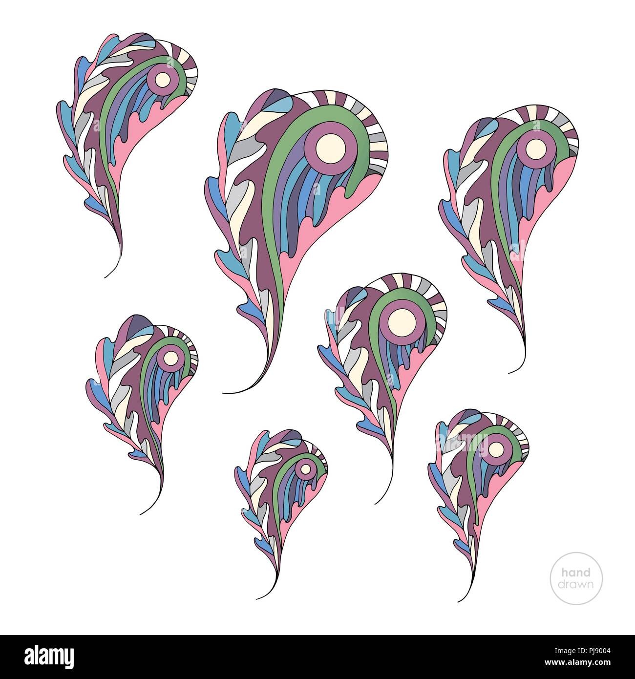 Paisley : les feuilles de chêne vector set. Résumé dessiné à la main dans la caricature de ramassage de feuilles de style moderne. Illustration de Vecteur