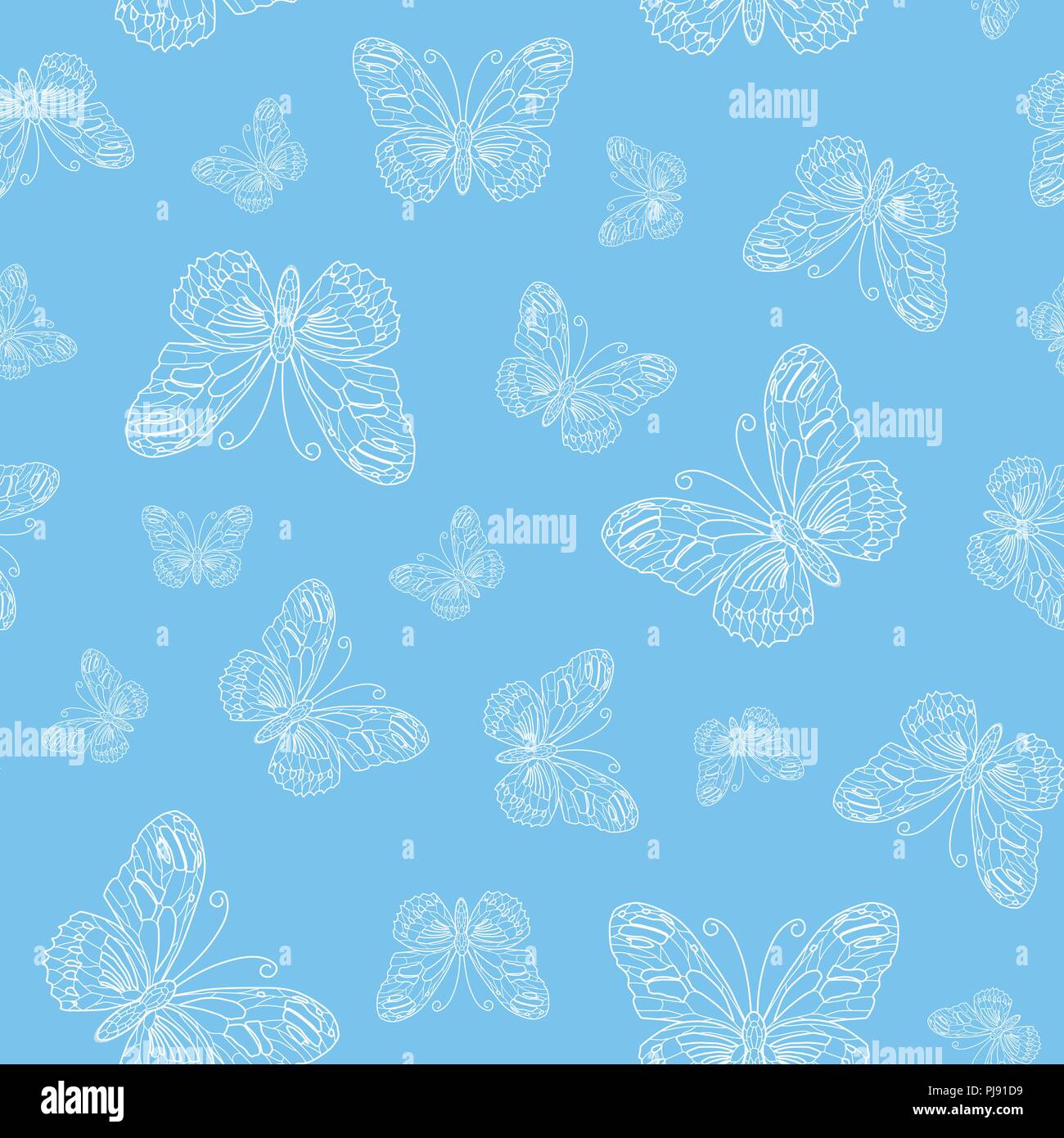 Modèle de vecteur seamless white butterfly contours sur fond bleu Illustration de Vecteur