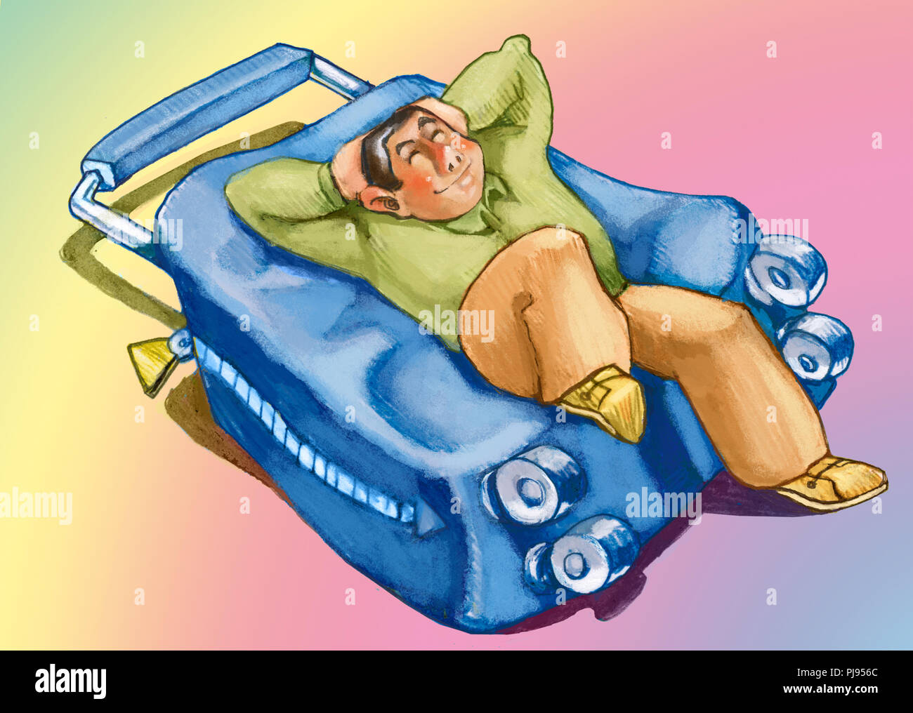 Detendez Vous Des Vacances A L Homme Sur Un Confortable Minimalisme Bagages Valise Air Heureux Et Calme Sketch Humoristique Photo Stock Alamy