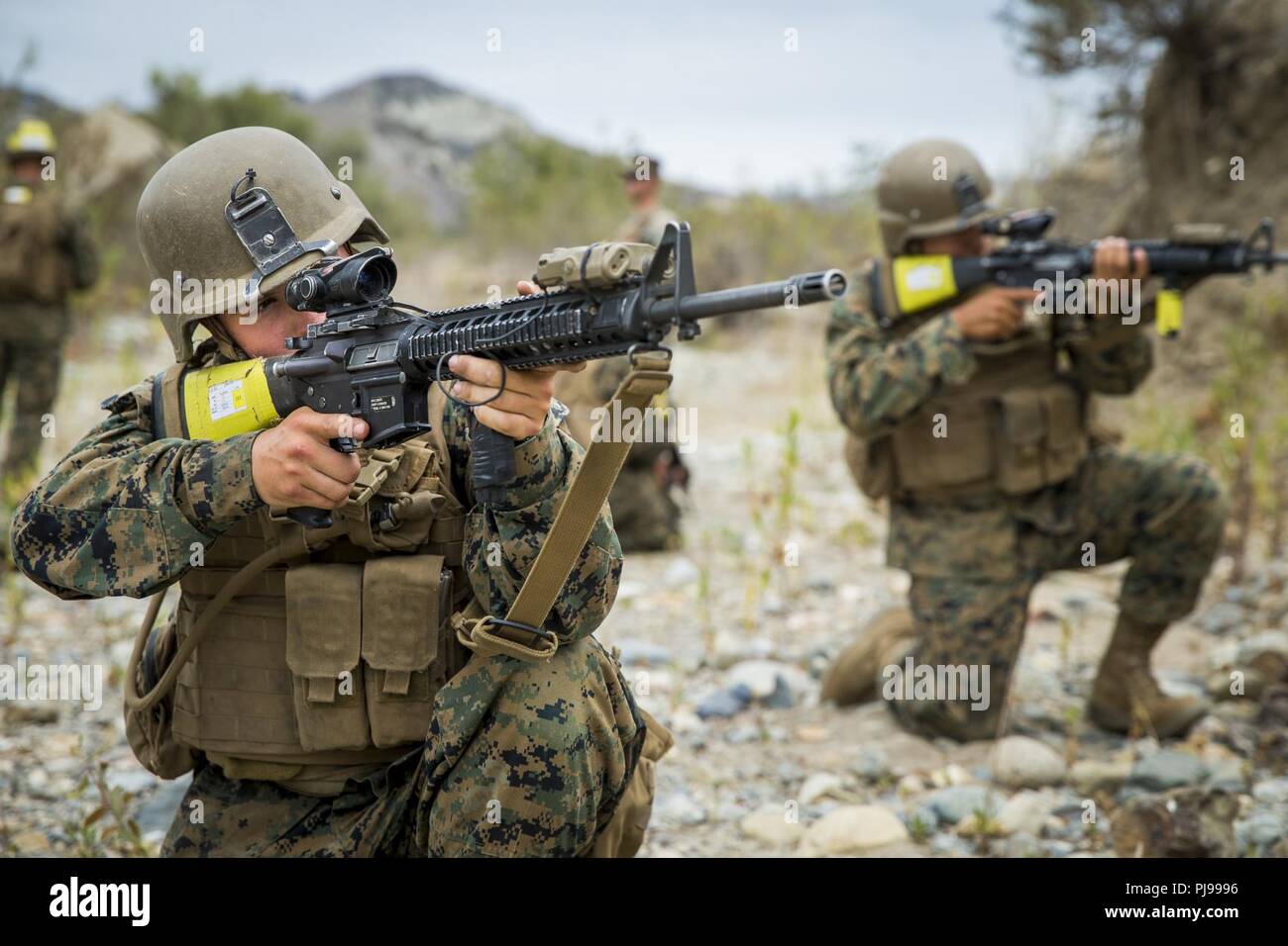 Circuit du Corps des Marines des États-Unis. Ethan Willingham, participant à la formation de combat maritime, 3e peloton, Compagnie Maritime de l'Inde, l'entraînement au combat Bataillon, regarde à travers son fusil optique de Combat (ARC) à l'École d'Infantry-West au Marine Corps Base Camp Pendleton, en Californie, le 9 juillet 2018. Marines travaillaient en groupes pour sécuriser la zone comme leur chef d'équipe incendie hors de portée des identificateurs d'un engin explosif improvisé. Banque D'Images