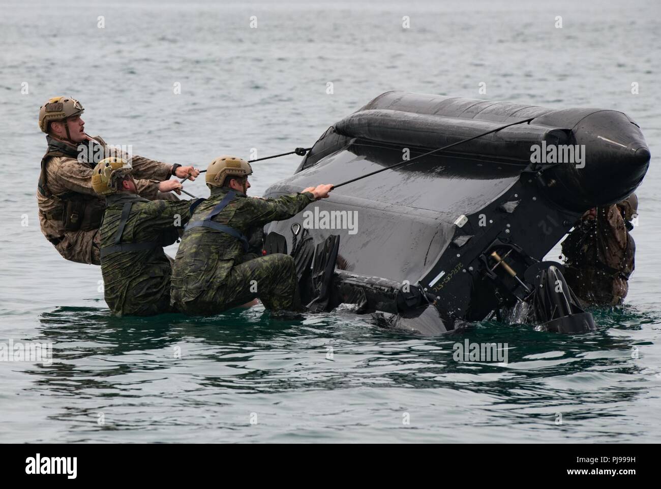 MARINE CORPS BASE CAMP PENDLETON, en Californie (9 juin 2018) Les membres des 2e Bataillon du Royal 22e Régiment de reconnaissance (recon) équipe et Corps des Marines des États-Unis (USMC) 1er Recon tentative d'une verticale à coque rigide pendant la formation au casting de l'hélicoptère au cours de la plage Bleue la biennale de Rim of the Pacific (RIMPAC) sur Marine Corps Base Camp Pendleton, le 9 juillet. Vingt-cinq nations, 46 navires, 5 sous-marins, environ 200 avions et 25 000 personnes participent à l'EXERCICE RIMPAC du 27 juin au 2 août dans et autour des îles Hawaï et la Californie du Sud. Le plus grand Banque D'Images