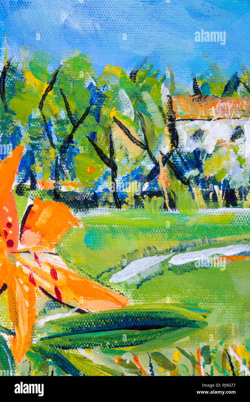 Détails des peintures acryliques montrant la couleur, les textures et les techniques. Le lis tigré orange sur un rebord de fenêtre en face d'un paysage. Banque D'Images