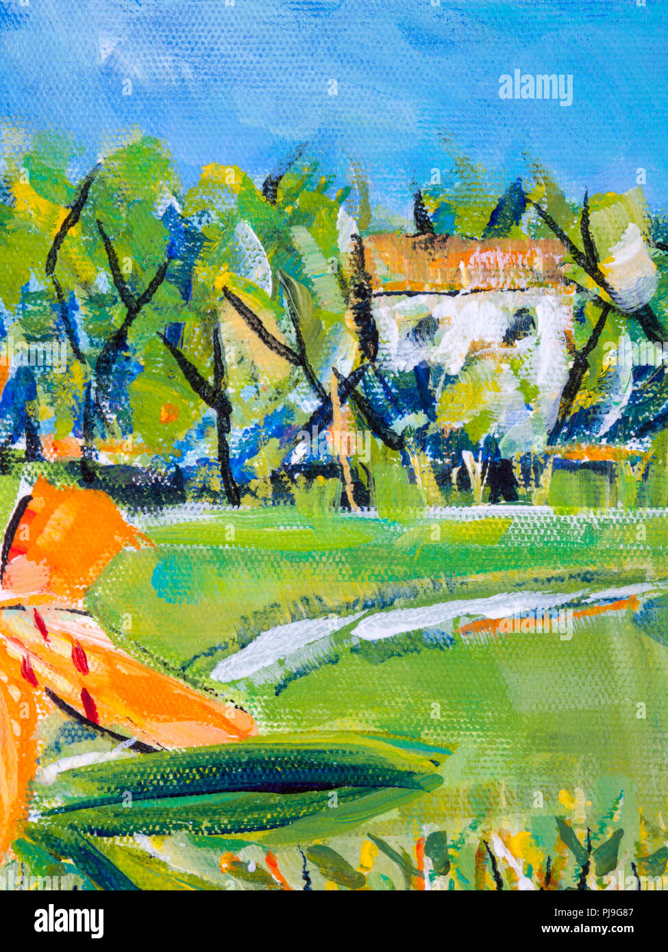 Détails des peintures acryliques montrant la couleur, les textures et les techniques. Le lis tigré orange sur un rebord de fenêtre en face d'un paysage. Banque D'Images