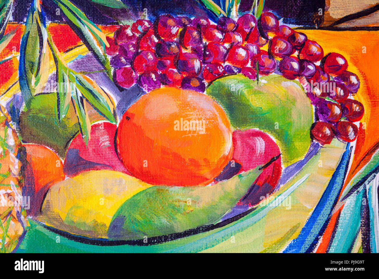 Détails des peintures acryliques montrant la couleur, les textures et les techniques. Un bol de fruits avec des raisins, oranges et poires. Banque D'Images