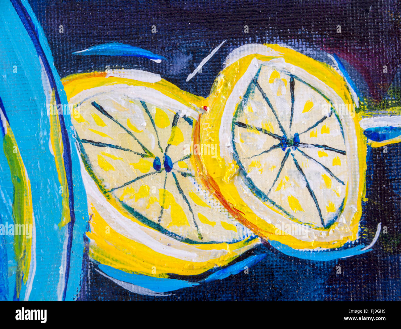 Détails des peintures acryliques montrant la couleur, les textures et les techniques. Tranches de citron expressionniste sur un plan de travail. Banque D'Images