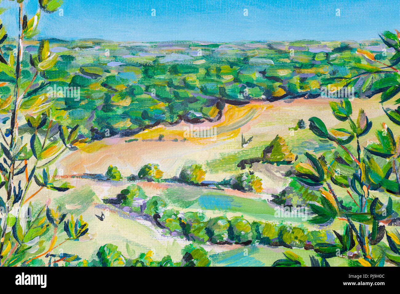 Détails des peintures acryliques montrant la couleur, les textures et les techniques. Campagne d'été avec vue sur la forêt. Banque D'Images Détails des peintures acryliques montrant la couleur, les textures et les techniques. Campagne d'été avec vue sur la forêt. Banque D'Images