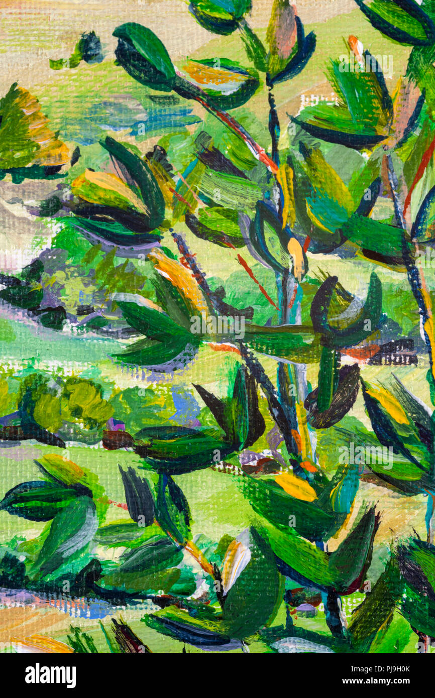 Détails des peintures acryliques montrant la couleur, les textures et les techniques. Le feuillage des arbres expressionniste. Banque D'Images