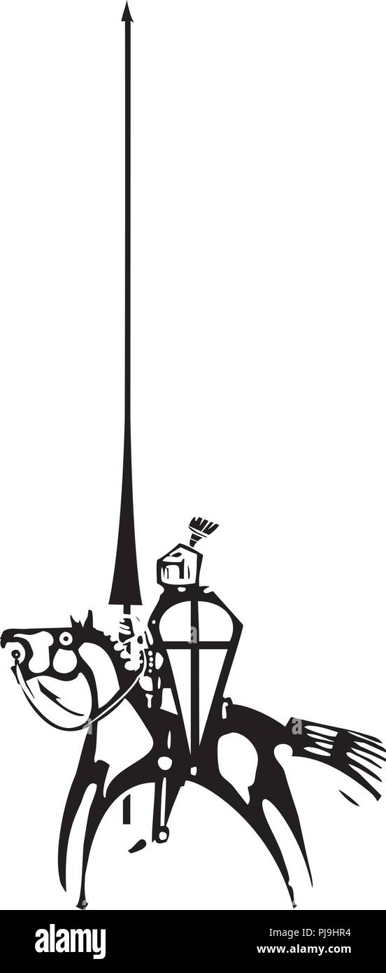Gravure sur bois de l'image expressionniste style knight et une grande lance Illustration de Vecteur