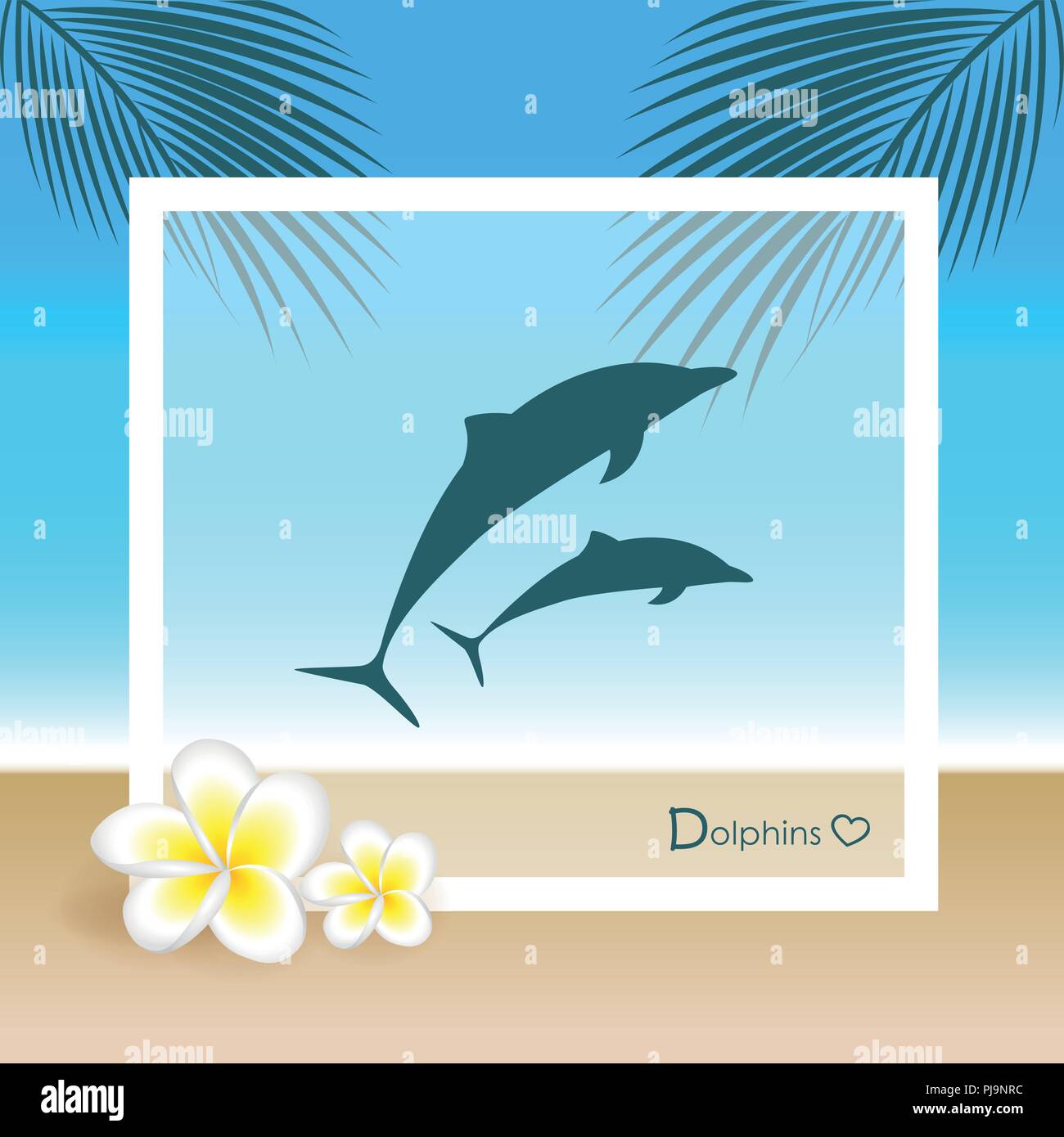 Les dauphins sur la plage avec des feuilles de palmier et des fleurs de frangipanier illustration vecteur EPS10 Illustration de Vecteur