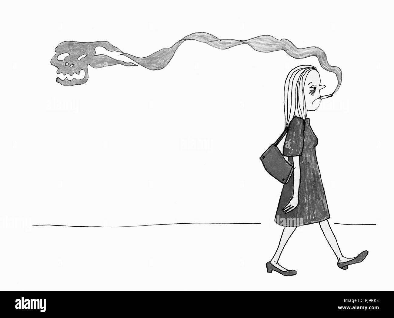 Femme malade de fumer une cigarette. L'illustration. Banque D'Images