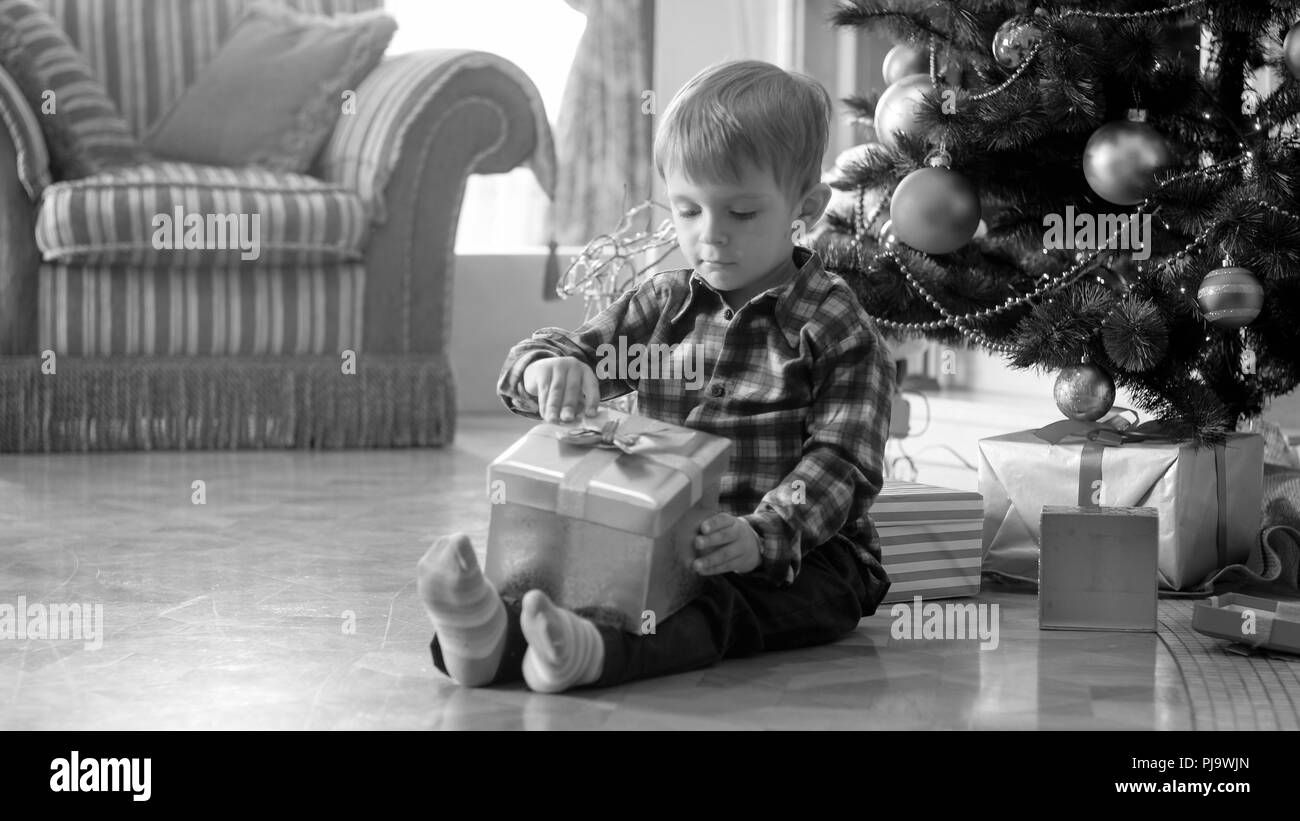 Image en noir et blanc de mignon bébé garçon assis sous l'arbre de Noël et le tirant sur bow boîte-cadeau Banque D'Images