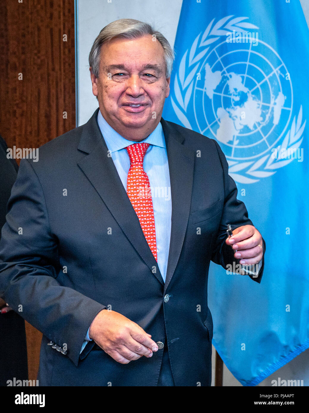 New York, États-Unis, 5 septembre 2018. Le Secrétaire général de l'ONU, António Guterres arrive à une cérémonie pour nommer Michele Bachelet, Haut Commissariat des Nations Unies pour les droits de l'homme au siège des Nations Unies à New York. Credit : Enrique Shore/Alamy Live News Banque D'Images
