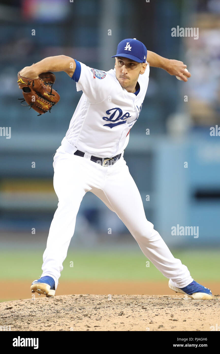 Los Angeles, CA, USA. 12Th Mar, 2018. De baseball des Dodgers de Los Angeles, Pat Venditte (43) emplacements de soulagement pour les éviter au cours de la partie contre les Mets de New York et les Dodgers de Los Angeles le 5 août 2018, au Dodger Stadium à Los Angeles, CA. (Photo de Peter Renner and Co) Credit : csm/Alamy Live News Banque D'Images