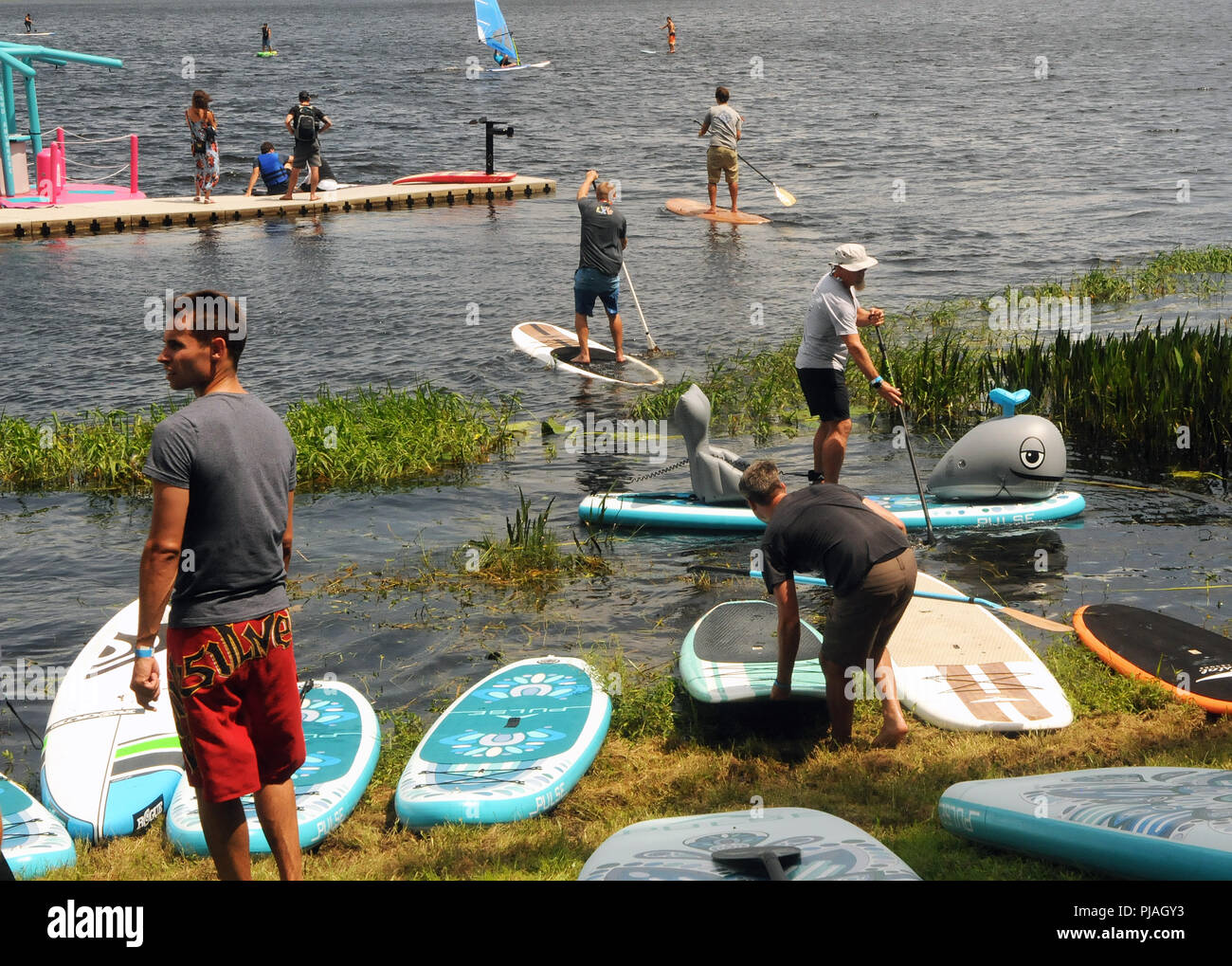 Orlando, Floride, USA. 5 septembre 2018 - Orlando, Floride, États-Unis - Personnes ride paddle boards au Surf Expo le 5 septembre 2018 à Bill Frederick Park at Turkey Lake à Orlando, Floride. (Paul Hennessy/Alamy) Crédit : Paul Hennessy/Alamy Live News Banque D'Images