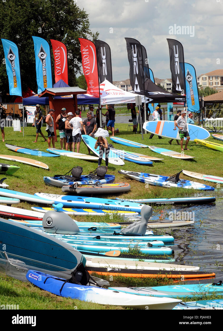 Orlando, Floride, USA. 5 septembre 2018 - Orlando, Floride, États-Unis - Paddle boards et planches de surf sont affichés à l'Expo le 5 septembre 2018 à Bill Frederick Park at Turkey Lake à Orlando, Floride. (Paul Hennessy/Alamy) Crédit : Paul Hennessy/Alamy Live News Banque D'Images