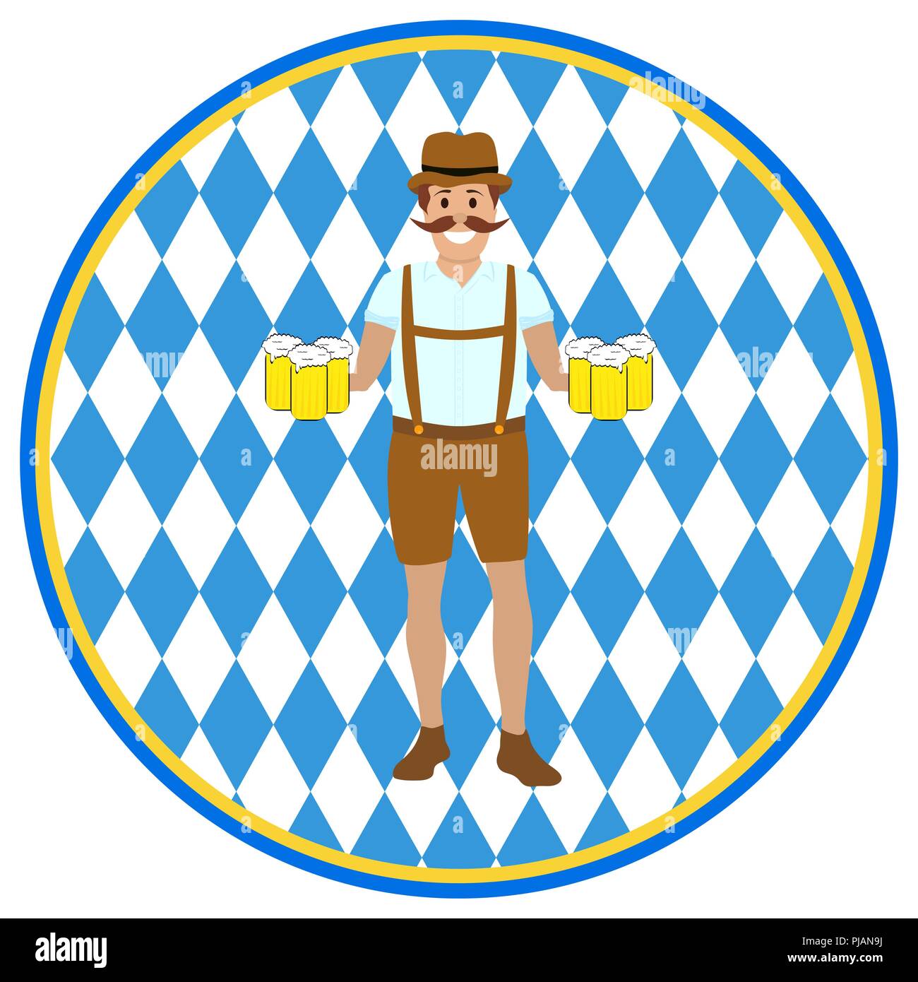 L'homme hilare avec tasses de bière dans les mains Illustration de Vecteur