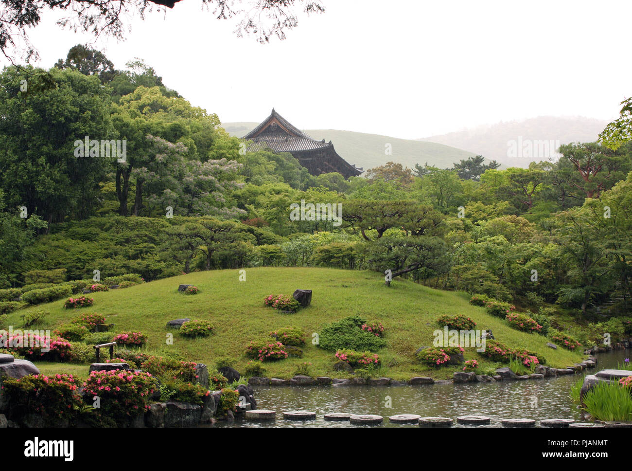 Beau paysage d'un jardin japonais pendant un jour de pluie Banque D'Images