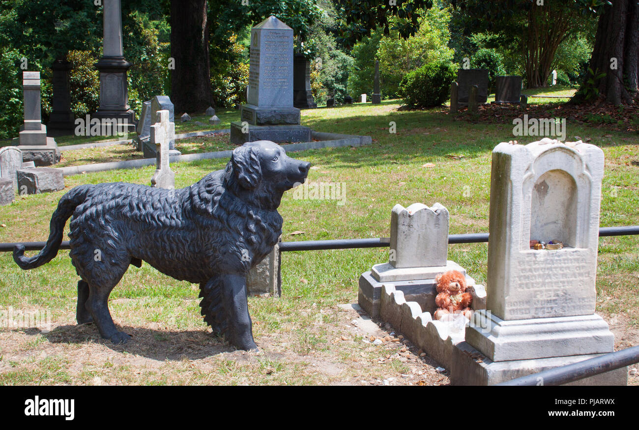 Un chien de pierre fidèle repose sur la tombe d’un enfant à Richmond, en Virginie, symbole durable de loyauté et d’amour. Banque D'Images