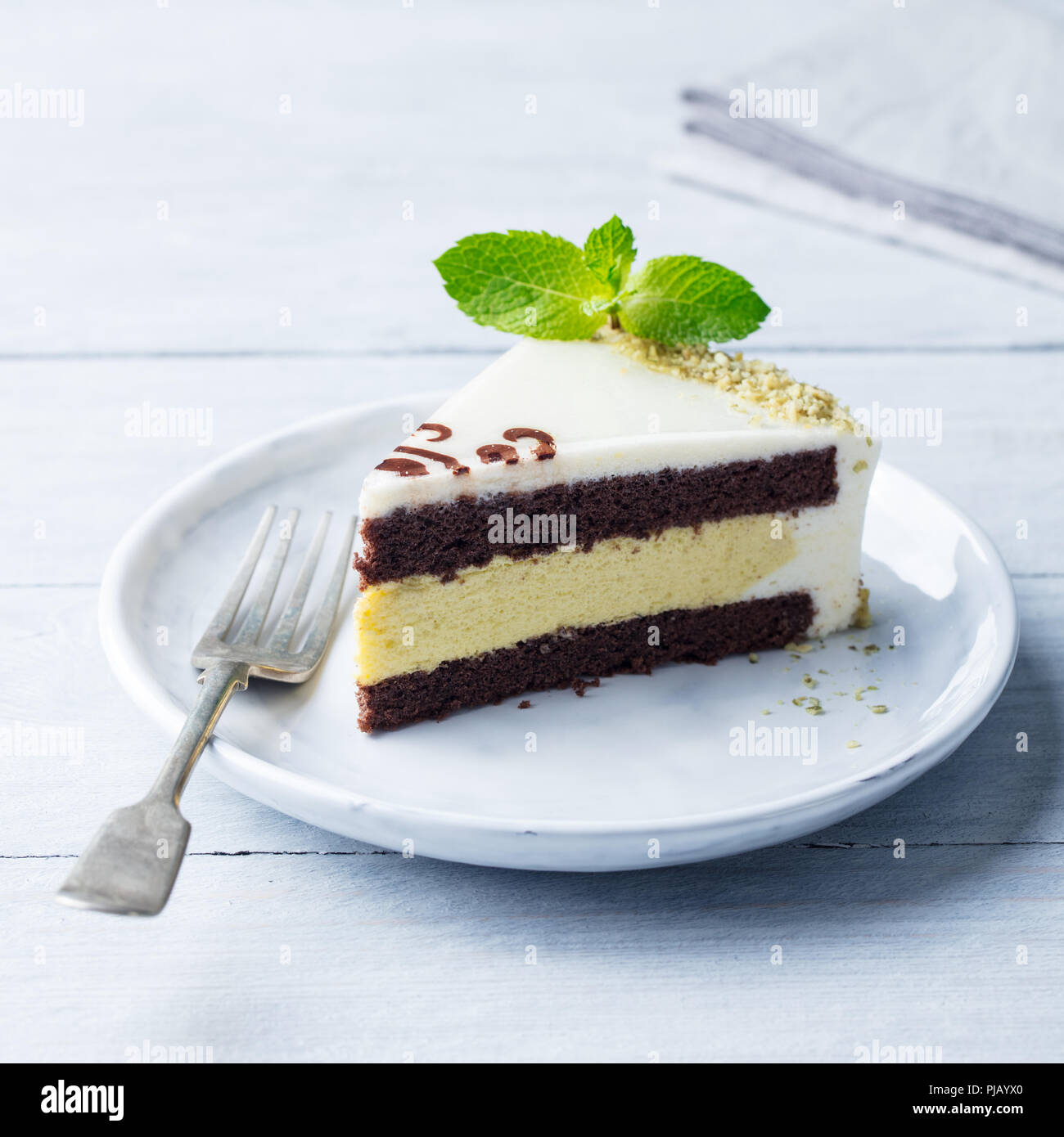 Gateau Au Chocolat Blanc Avec Feuille De Menthe Fraiche Sur Une Assiette Fond De Bois Photo Stock Alamy Gateau Au Chocolat Blanc Avec Feuille De Menthe Fraiche Sur Une Assiette Fond De Bois Photo Stock Alamy