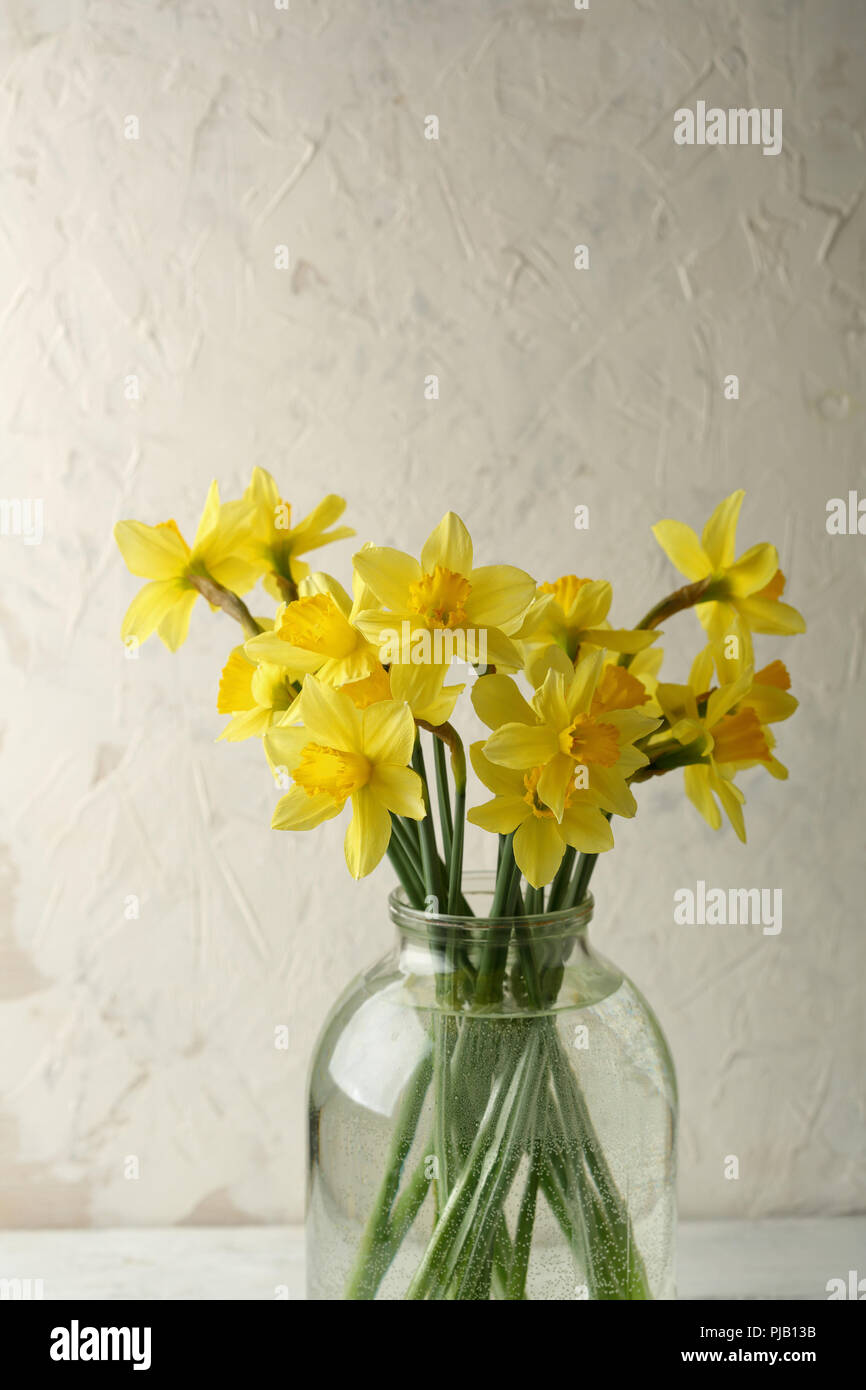 Narcisse jaune fleurs en pot en verre Banque D'Images