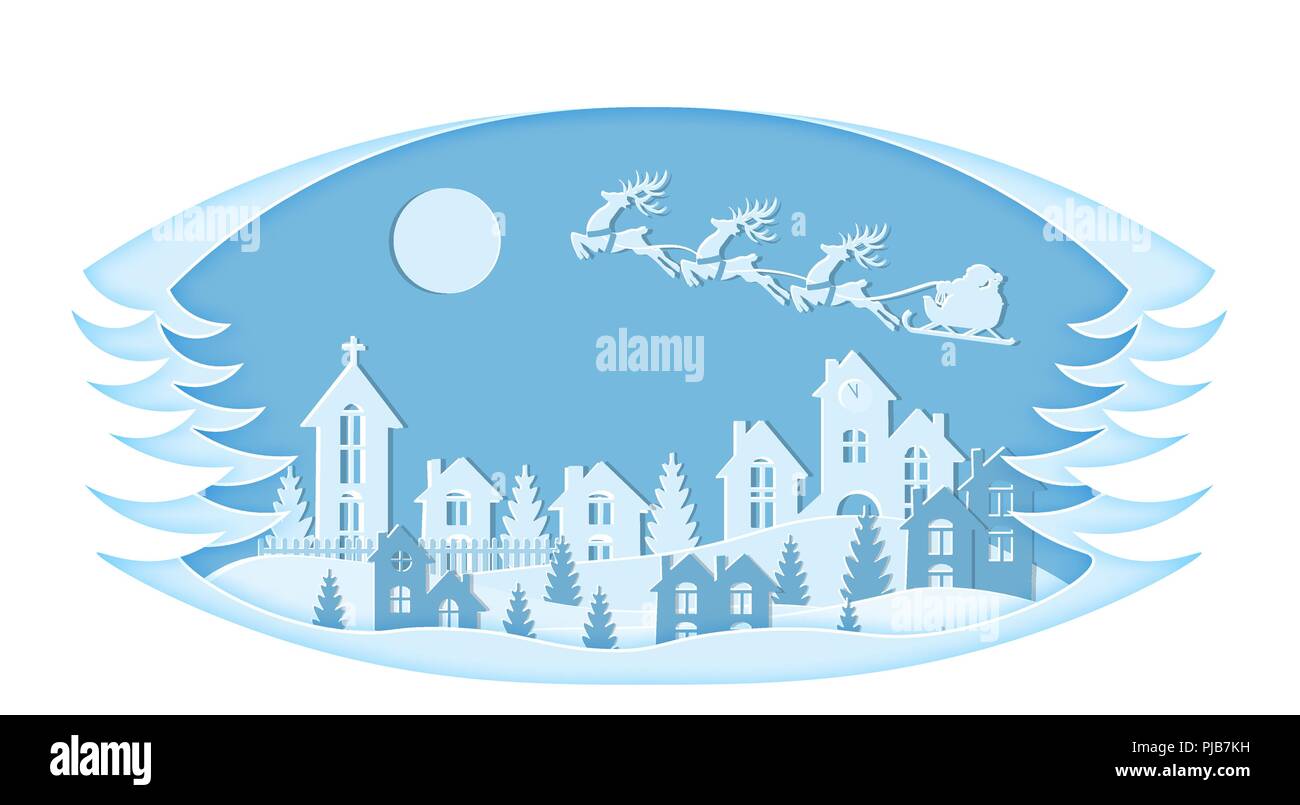 Nouvelle Année. Noël. Cadre stylisé. Une image du Père Noël et des cerfs. La neige, lune, arbres, maisons, église, arbres de Noël sont découpés dans des paysages. Illustration de Vecteur