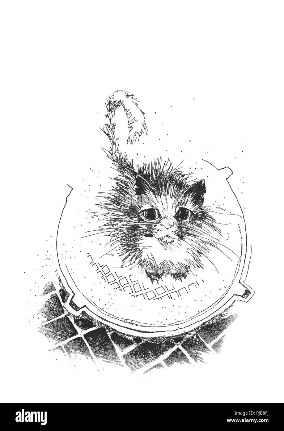 Le chat est assis sur l'écoutille. City cat. Graphiques. Banque D'Images