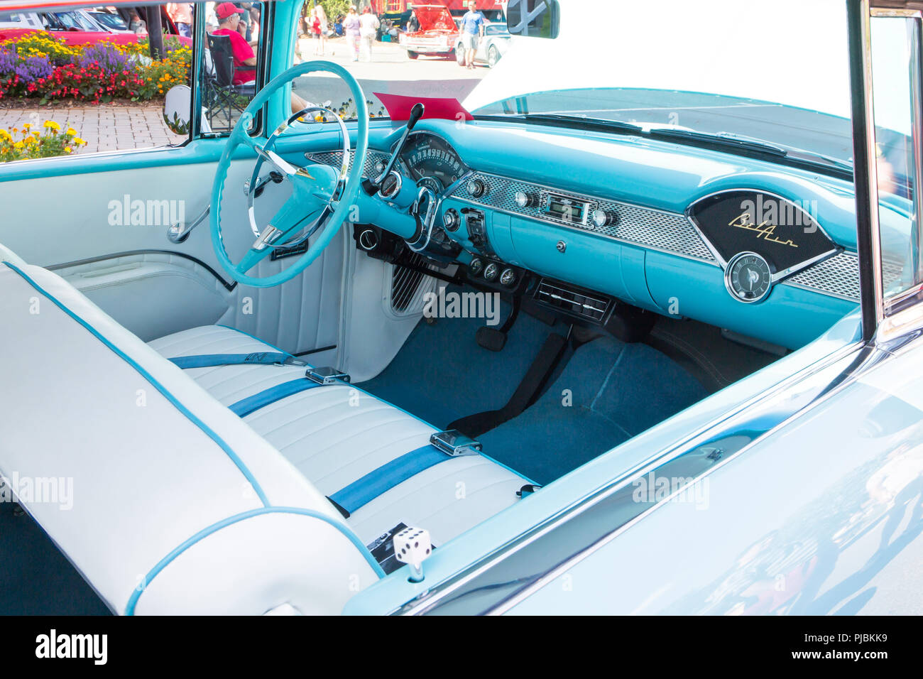 MATTHEWS, NC (USA) - 3 septembre 2018 : l'intérieur d'un 1955 Chevy Bel Air automobile sur l'affichage à la 28e réunion annuelle de Matthews & Auto Moto S Banque D'Images