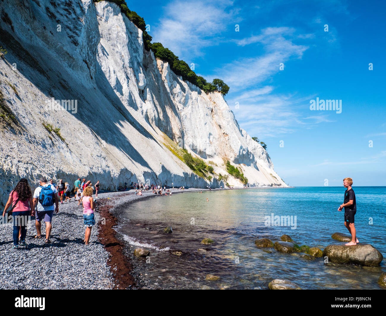 Les touristes, à Møns Klint, célèbres falaises de craie, île de Mons, le Danemark, l'Europe. Banque D'Images
