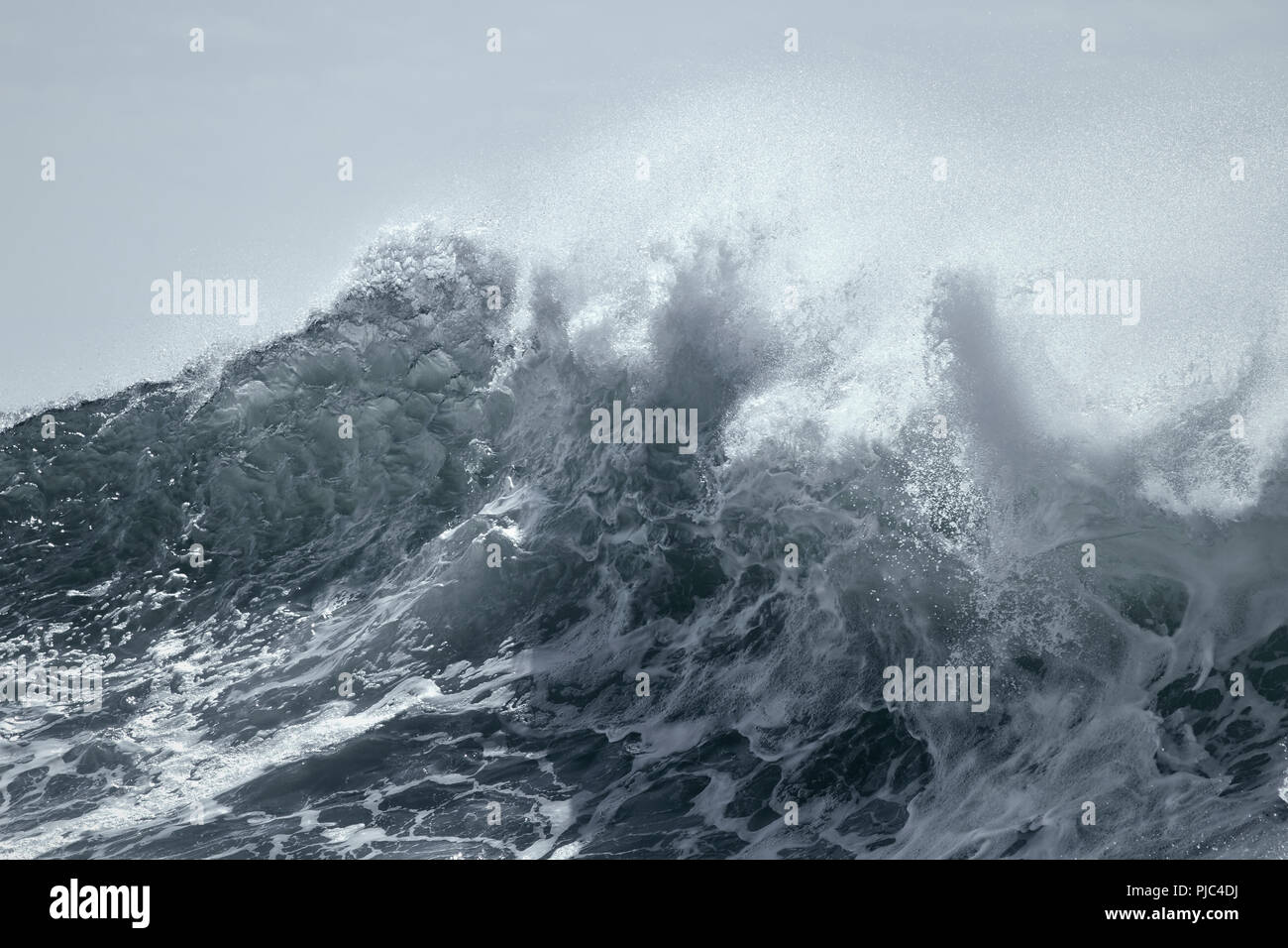 Haut d'une grande vague de tempêtes en mer. Tons bleu. Banque D'Images