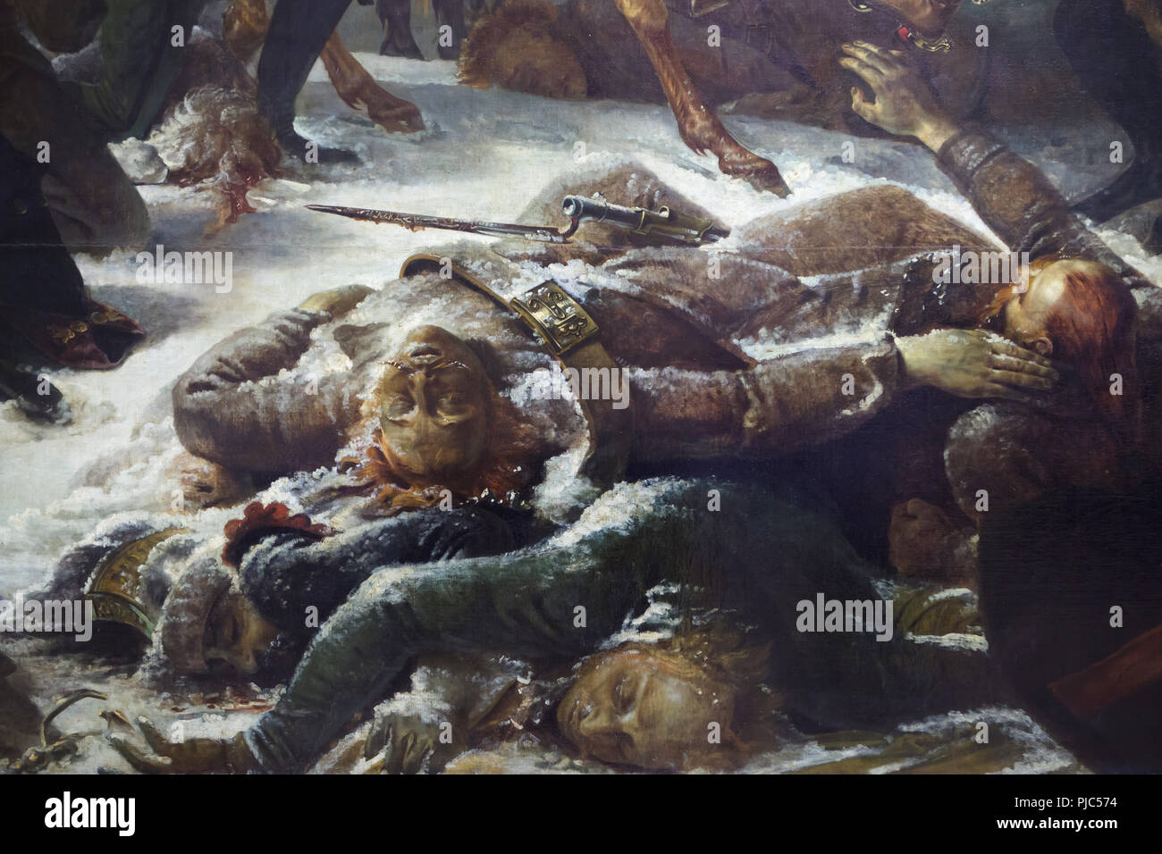 Morts et blessés des soldats russes décrite dans le détail de la grande peinture 'Napoléon sur le champ de bataille d'Eylau' par Antoine-Jean Gros peintre néo-classique français (1808) sur l'affichage dans le musée du Louvre à Paris, France. Banque D'Images