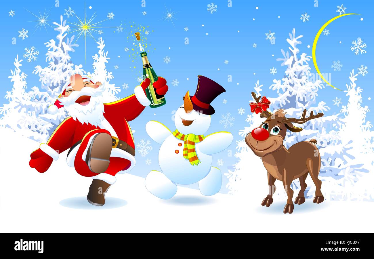 Santa Claus, le cerf Rudolph et bonhomme de neige dans la forêt d'hiver. Joyeux Père Noël, bonhomme de neige et les cerfs sont heureux le soir de Noël. La joie de Noël. Illustration de Vecteur