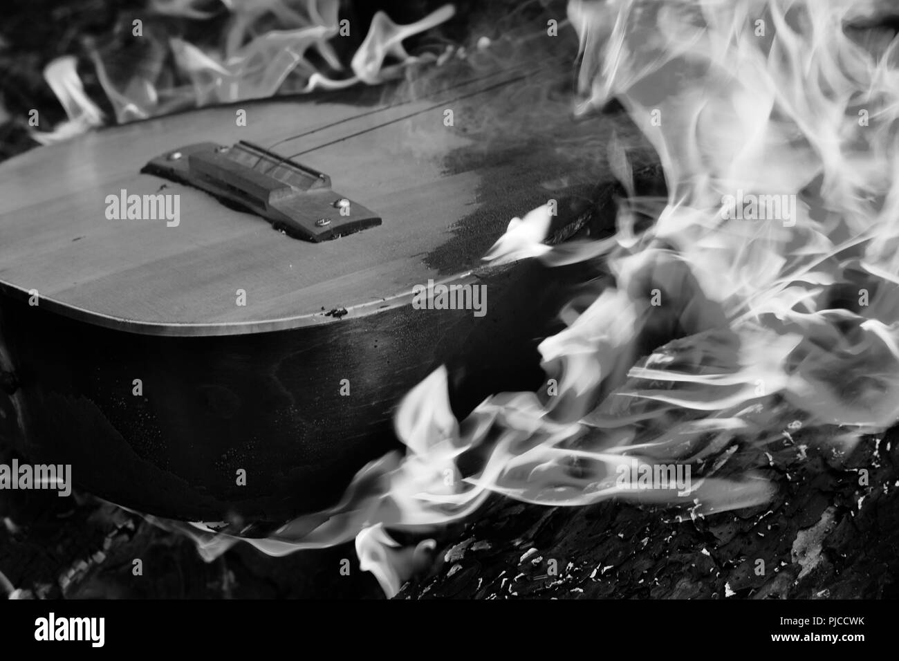 Guitare en noir et blanc sur feu de forêt à la flamme Photo Stock - Alamy