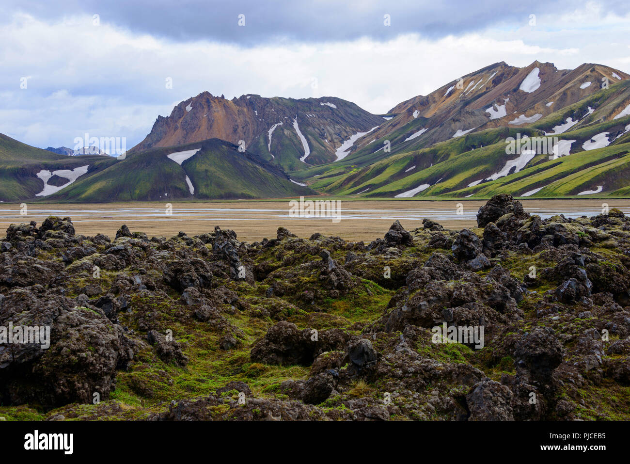 Flux de lave Laugahraun, Fjallabak Landmannalaugar, parc national, l'Islande, Lavastrom Laugahraun, Fjallabak Nationalpark, Island Banque D'Images