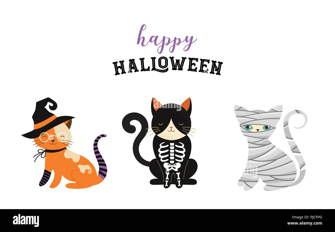 Happy Halloween - chats en costumes de monstres, Halloween party. Illustration vectorielle, bannière, éléments exposés Illustration de Vecteur