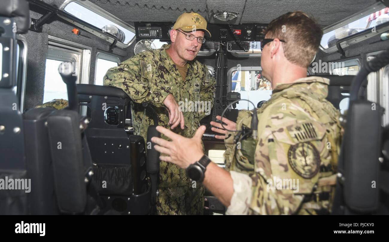 SAN DIEGO (24 juillet 2018) La Marine américaine Adm arrière. Dave Welch, commandant de la Force opérationnelle interalliée (CTF) 177 et la surface de combat naval et Centre de développement de la mine (SMWDC), gauche, parle avec la U.S. Coast Guard Maître de 1re classe Bryan Lopes, jointe à l'équipe d'intervention de la Sécurité maritime de l'USCG (MSRT ouest-W) au cours d'une visite prévue à la Garde côtière des États-Unis Le Secteur de San Diego dans le cadre de l'exercice Rim of the Pacific (RIMPAC) dans le sud de la Californie, le 24 juillet. Vingt-cinq nations, 46 navires, 5 sous-marins, environ 200 avions et 25 000 personnes participent à l'EXERCICE RIMPAC du 27 juin au 2 août dans et arou Banque D'Images