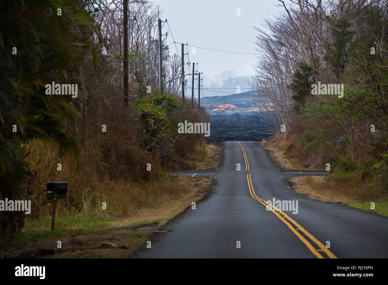 Une rivière de lave ont éclaté à partir de la Fissure, 8 de la zone de rift du volcan Kilauea pâtés Leilani Avenue dans le quartier résidentiel de Leilani Estate subdivision Banque D'Images