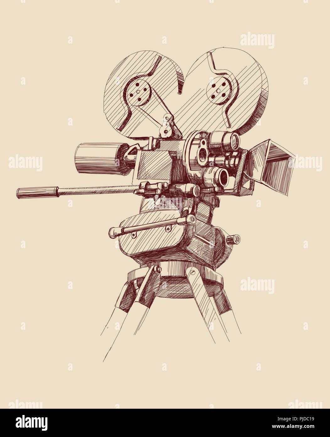 Vintage old movie camera hand drawn vector illustration croquis réalistes Illustration de Vecteur