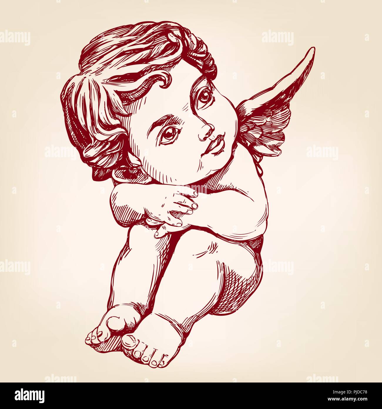 Ange ou cupidon, petit bébé carte de souhaits hand drawn vector illustration croquis réalistes Illustration de Vecteur