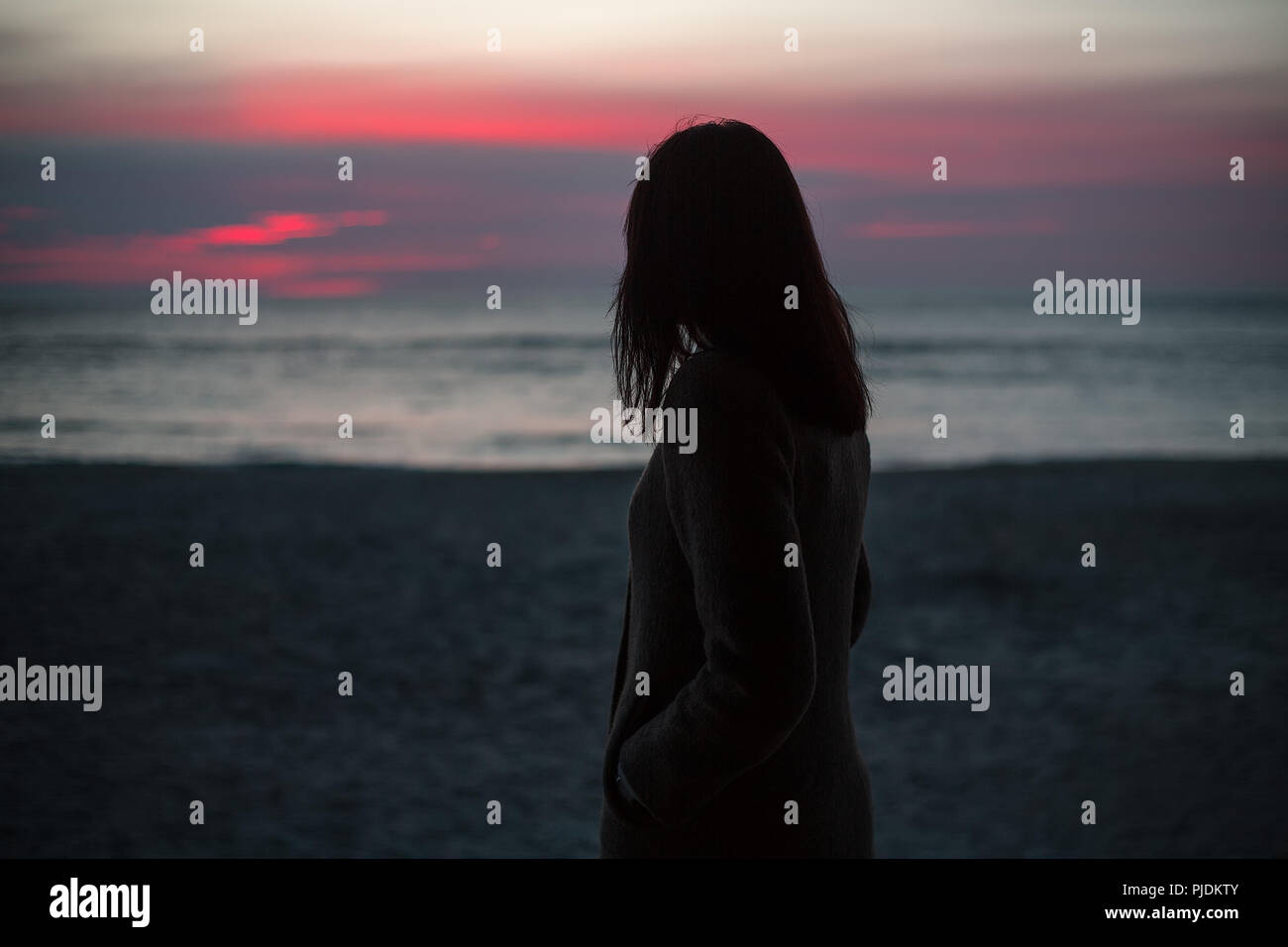 Jeune femme debout seul sur la plage, regardant le lever du soleil, vue arrière Banque D'Images