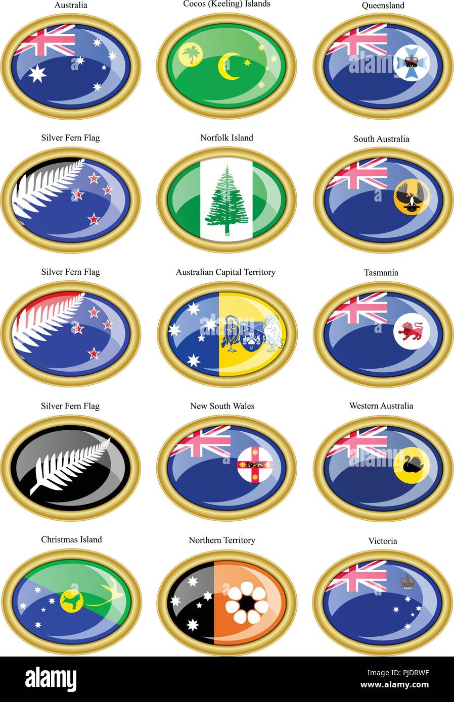 Ensemble d'icônes. Les drapeaux des États et territoires de l'Australie. 3D illustration. Vecteur. Illustration de Vecteur