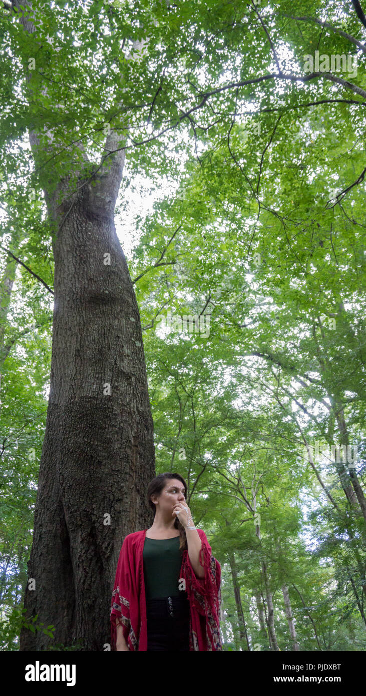 Jeune belle brunette hippie femme aux longs cheveux tresse à côté d'une pensée réfléchie et arbres Banque D'Images