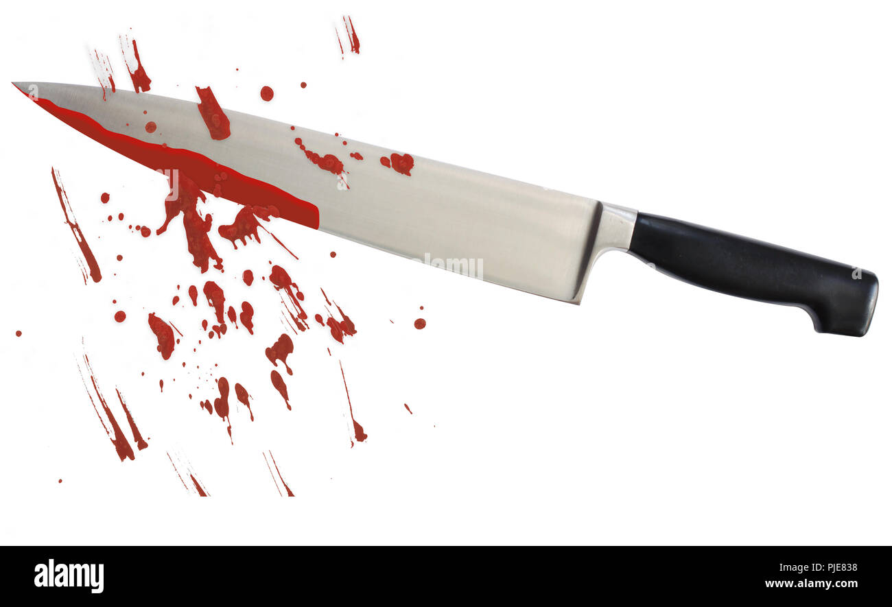 Couteau de cuisine sanglante avec quelques taches de sang sur fond blanc - killer violance concept meurtrier de fond avec l'espace de copie. Banque D'Images