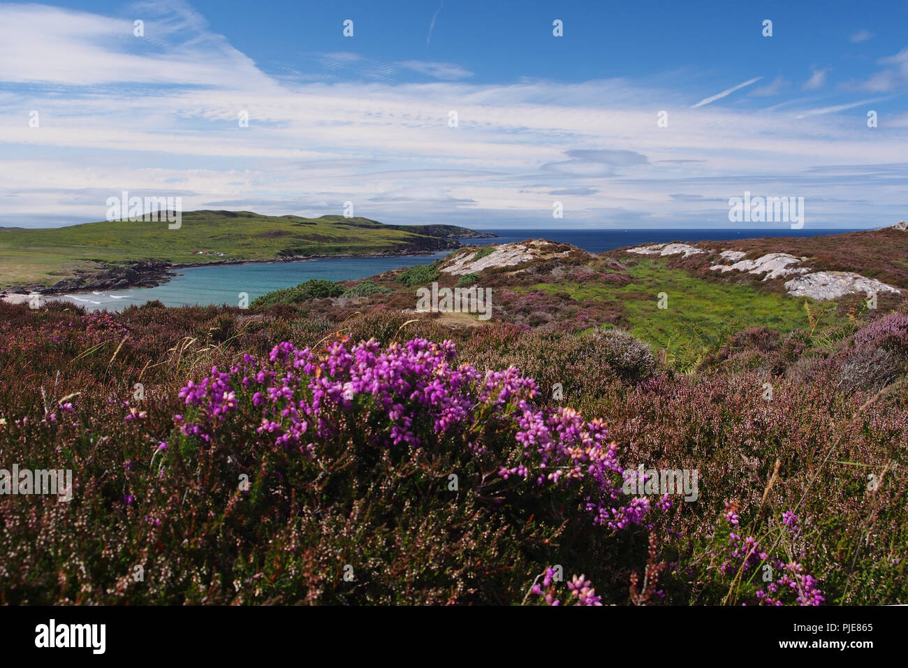 Vue à l'échelle d'Achnahaird beach, l'Écosse, de l'Orient avec les collines couvertes de bruyère dans l'avant-plan Banque D'Images