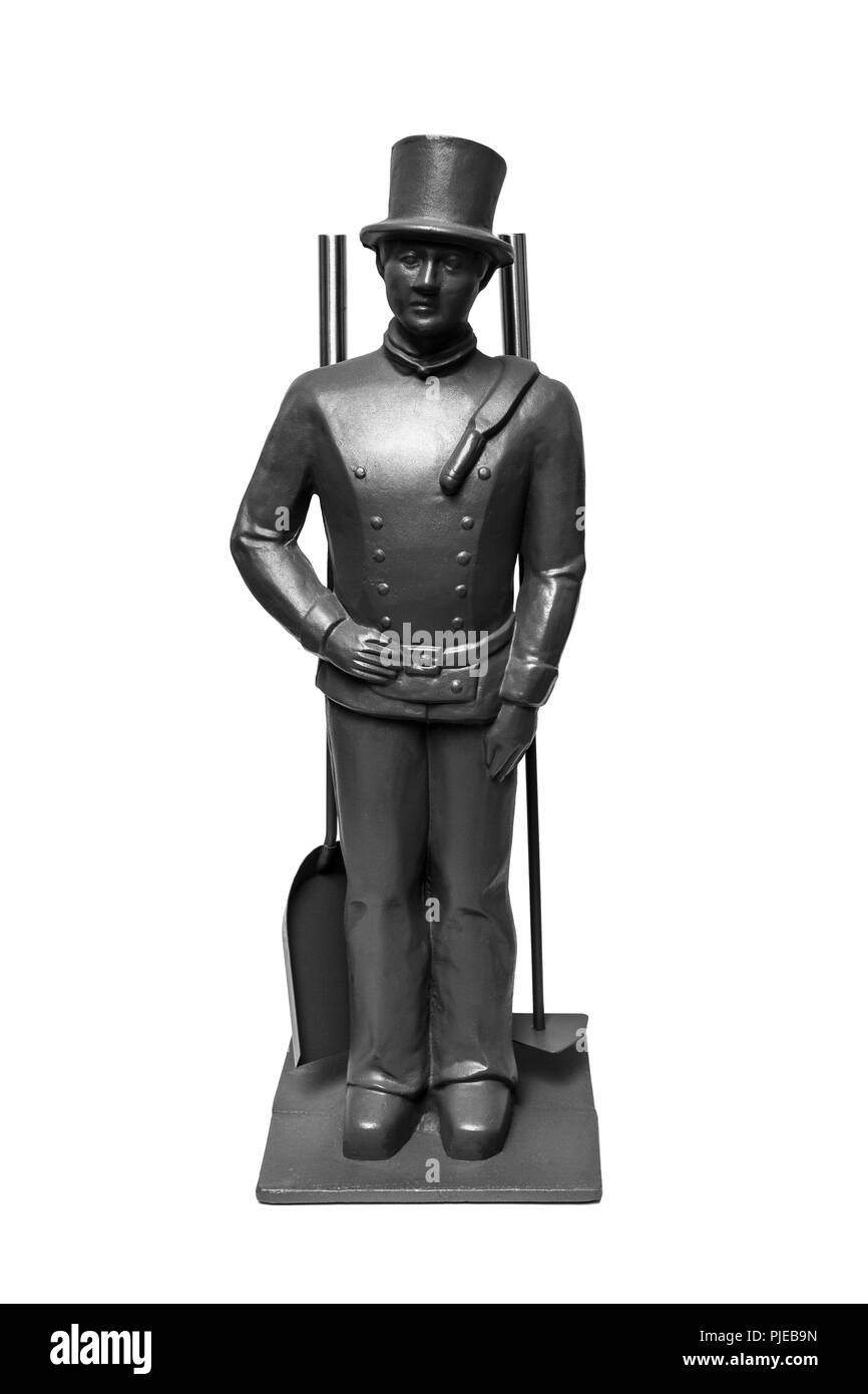 Set pour la cheminée. Figurine de décoration d'un ramoneur. Isolé sur fond blanc Banque D'Images