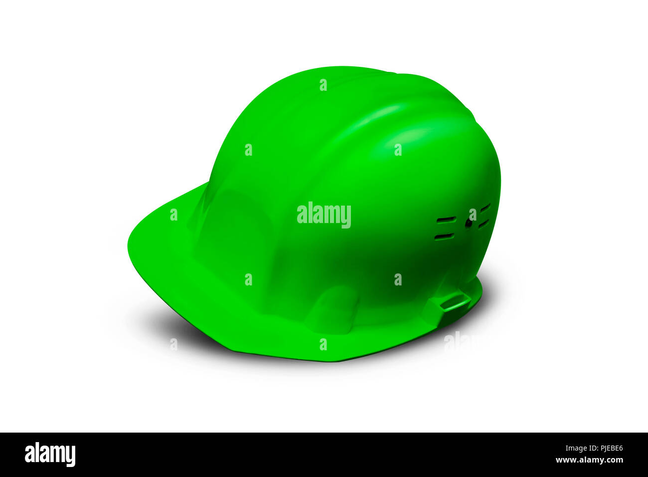 Casque de sécurité en plastique vert. Isolé sur fond blanc Banque D'Images