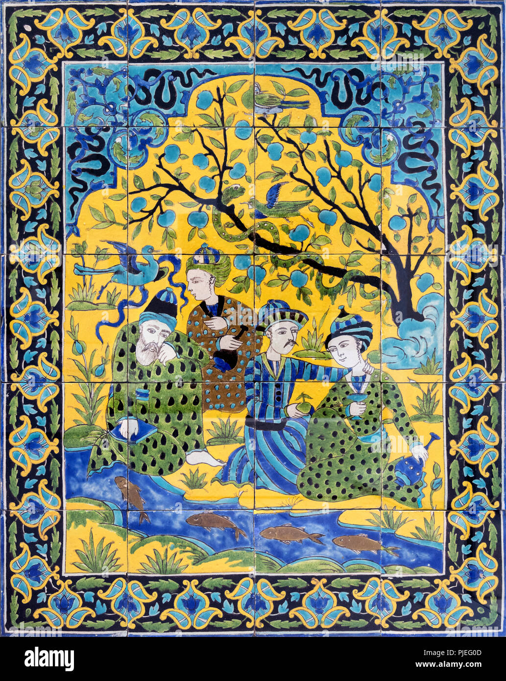 18e siècle et mur panneau représentant les hommes sur les rives d'un ruisseau, l'Iran, c.1700-1800 Banque D'Images