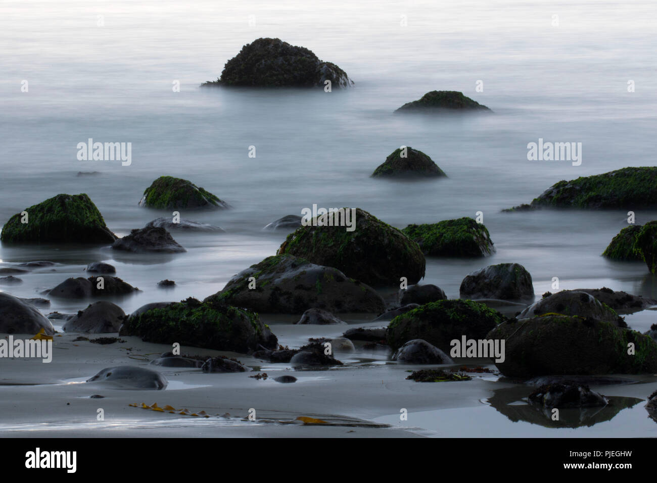 China Beach rocks in surf silhouette, parc provincial Juan de Fuca, British Columbia, Canada Banque D'Images